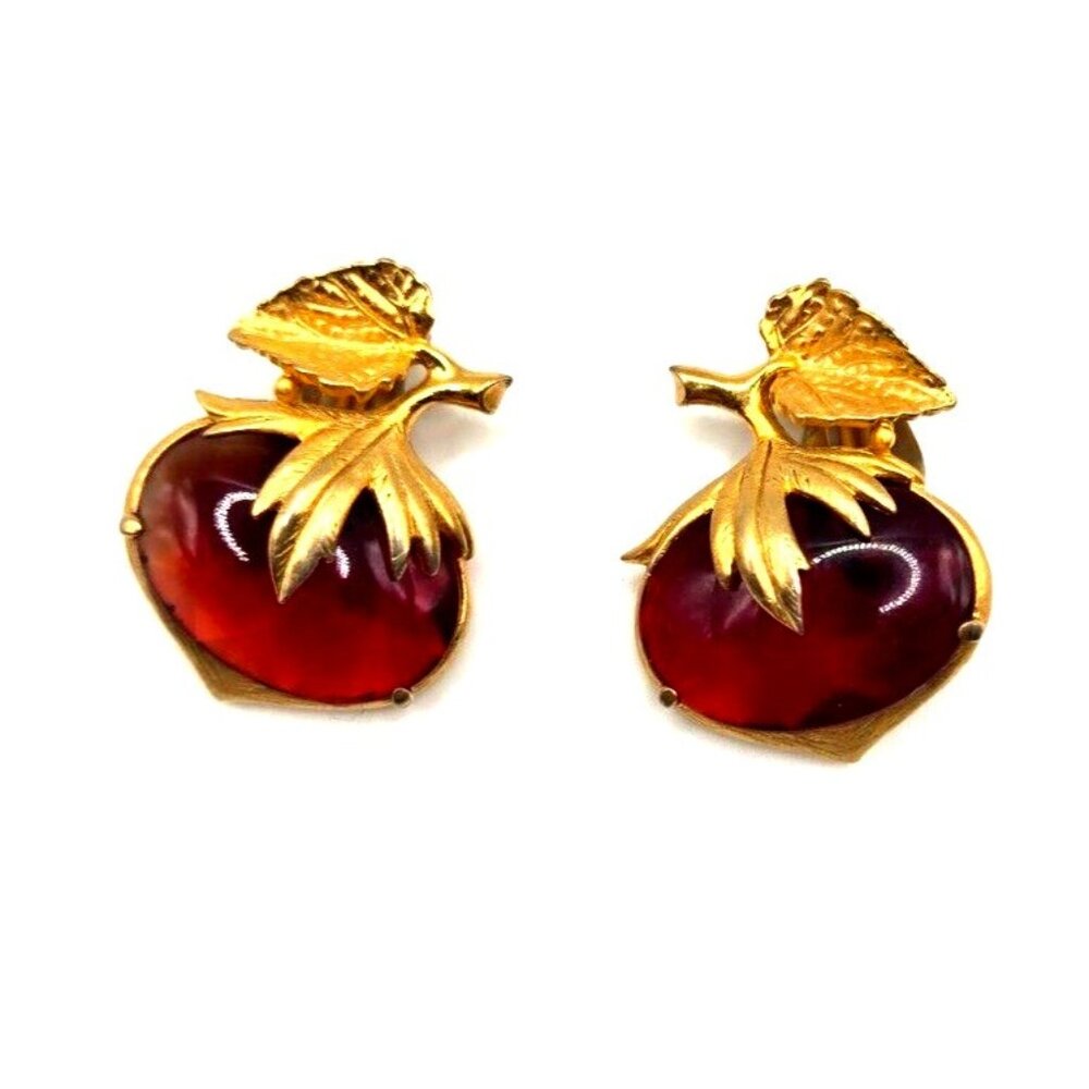 Elsa Schiaparelli Signed Red Berry Clip Earrings w Leaf Vintage 1940s Rare
